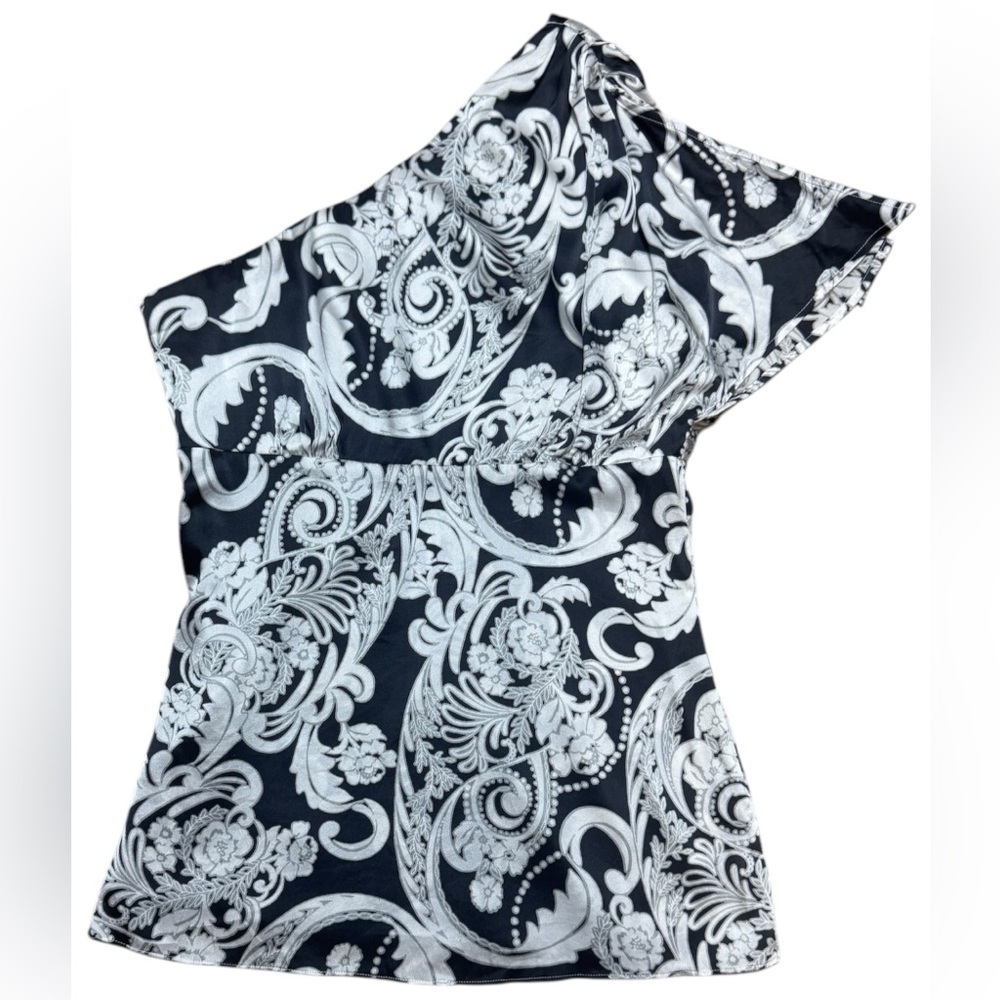 CACHE Y2K One shoulder top SILK Blouse 
Black and White Size Small Vintage